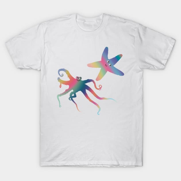 Happy Little Sea Creatures, Rainbow Colors, Octopus and Starfish Duo, Digital Illustration T-Shirt by cherdoodles